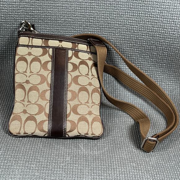 Coach Signature Stripe‎ Shoulder Crossbody Bag Womens Khaki Brown Jacquard 6016 - Picture 1 of 6